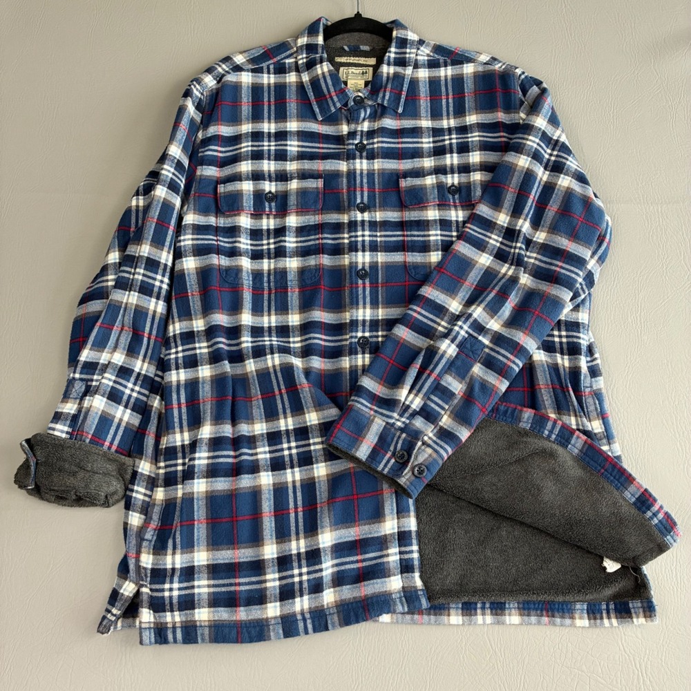 LL Bean Mens Traditional Fit Fleece Lined Flannel Shacket Blue Plaid 298189 Lg